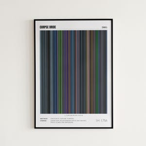 May include: A framed poster featuring the movie title "CORPSE BRIDE" and the year 2005. The artwork displays a colorful vertical bar design. The poster includes the film's credits and runtime.