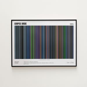 May include: Framed art print featuring a colorful vertical bar design, representing the film "Corpse Bride." The print includes the film's title, year 2005, and the names of the writer and starring actors. The artwork is in a black frame.