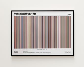 Puede incluir: Un póster enmarcado con el título "Ferris Bueller's Day Off" y el año 1986. La obra de arte muestra una serie de barras de color verticales. El póster incluye la duración de la película, el escritor y los actores principales.