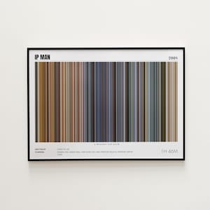 May include: Framed art print featuring the movie title "IP MAN" and the year 2008. The artwork displays a series of vertical color bars in shades of brown, blue, and gray. The text "1H 46M" is visible. The names of the writer and starring actors are also listed.