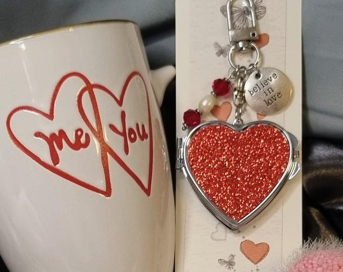 Valentinstag Spiegelherz Schlüsselanhänger Rot  mit Glitzer Herz