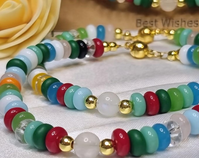 Colorful glass bead bracelet • 18K gold-plated stainless steel • Glass rondelles and moonstone 6 mm • Magnetic clasp • Approx. 20–21 cm