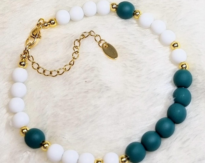 Natural Stone Bracelet Green White • Hematite Matte 8 mm • 18K Gold Plated Stainless Steel Beads • Stainless Steel Lobster Clasp • 19+5 cm