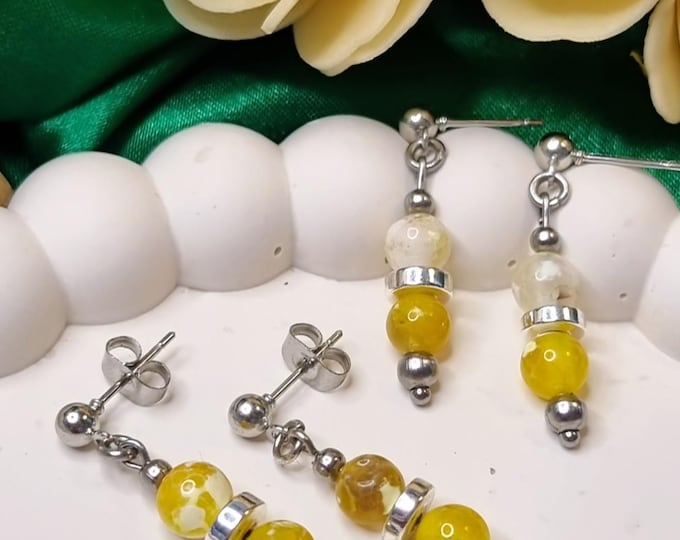 Edelstahl-Ohrringe mit gelbem Feuerachat & Hämatit