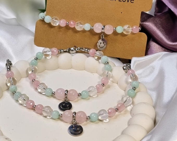Rosenquarz Bergkristall Armband mit Smiley | Edelstahl Magnetverschluss