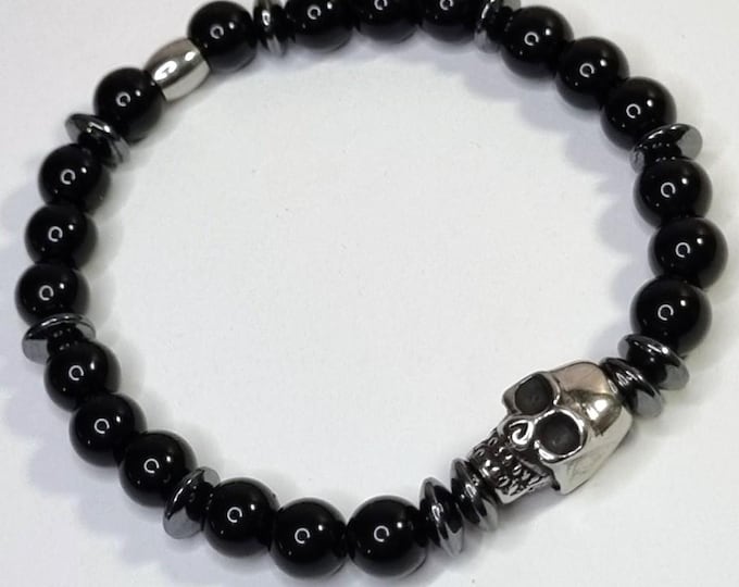 Men's Onyx Bracelet 8 mm with Stainless Steel Skull & Hematite | Elastic Men's Bracelet