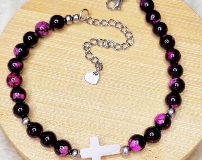 Tiger's Eye Bracelet Purple 6 mm • Stainless Steel • Shell Cross White • Adjustable 17–25 cm • Handmade Gift for Her