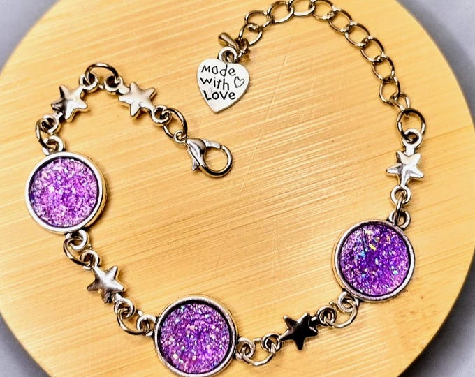 Stainless steel bracelet with 12 mm cabochons · Purple glitter · 17 cm + 5 cm extension · Handmade