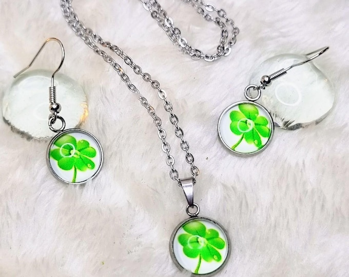 Stainless Steel Jewelry Set Cloverleaf • 12 mm Cabochon • Necklace & Earrings • Lucky Charm Set • Handmade • 304 Stainless Steel • 50 cm