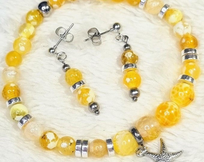 Fire Agate Summer Jewelry Set with Stainless Steel & Starfish | Bracelet with Earrings | Handmade | Various Sizes