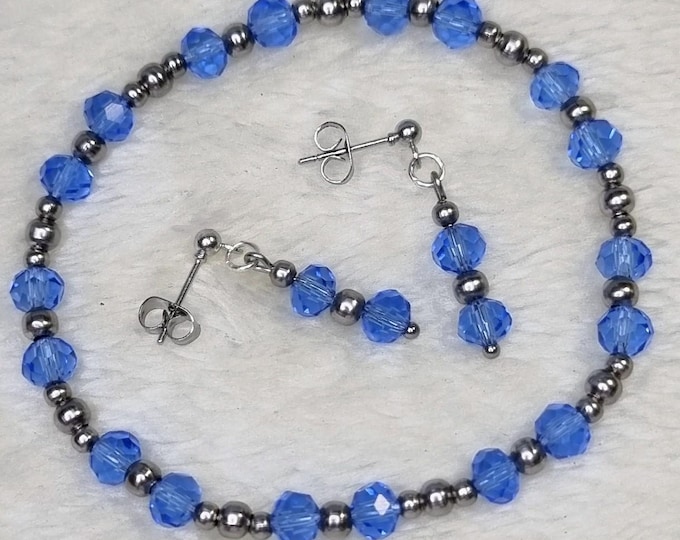 Elegant stainless steel jewelry set with blue faceted glass beads | Bracelet & Earrings | Handmade