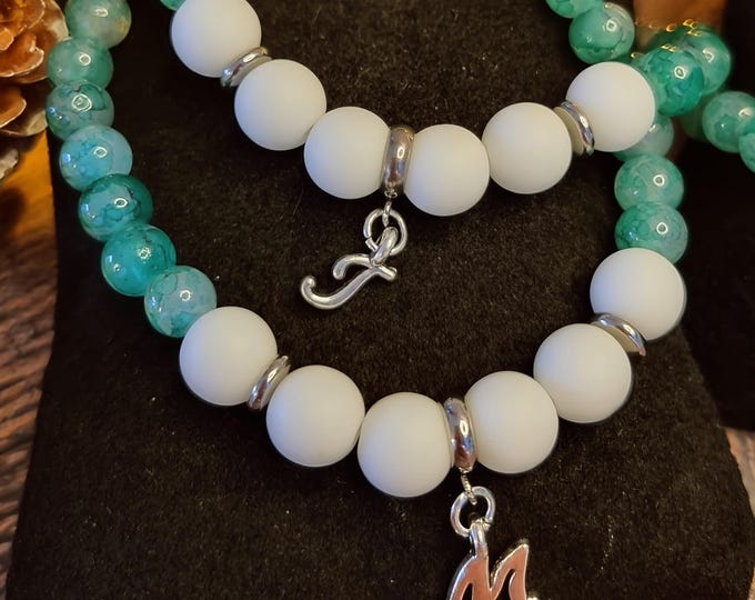 Green Harmony – Handmade glass bead bracelet with stainless steel letter charms | Power of Colour | Customizable