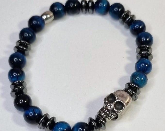 Men's bracelet, blue tiger's eye, 8 mm, with stainless steel skull & hematite | elastic men's bracelet