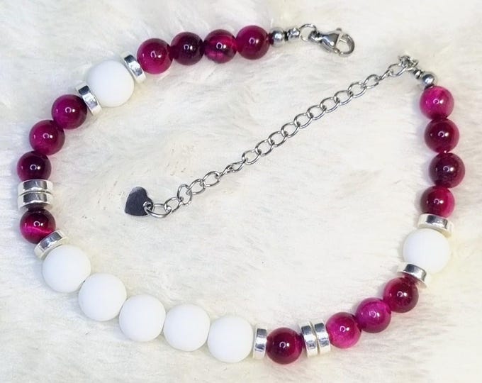 Tiger's Eye Bracelet in Pink & Natural White Stone • Stainless Steel Clasp • Silver-Plated Hematite Beads • Various Sizes • Handmade