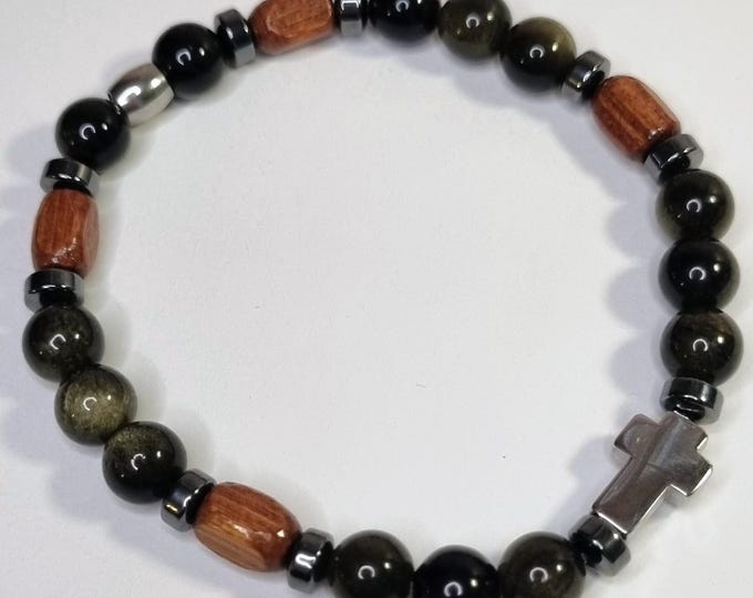 Men's bracelet with obsidian & hematite | Stainless steel cross | Elastic men's bracelet
