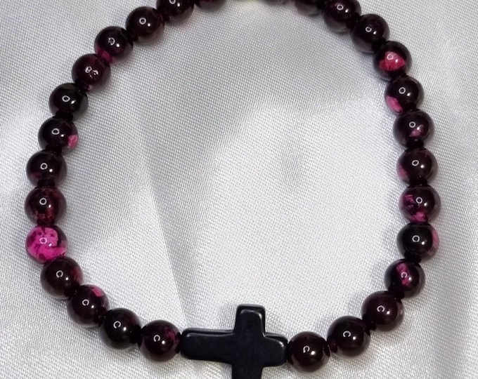 Purple-black jasper bracelet with stone cross