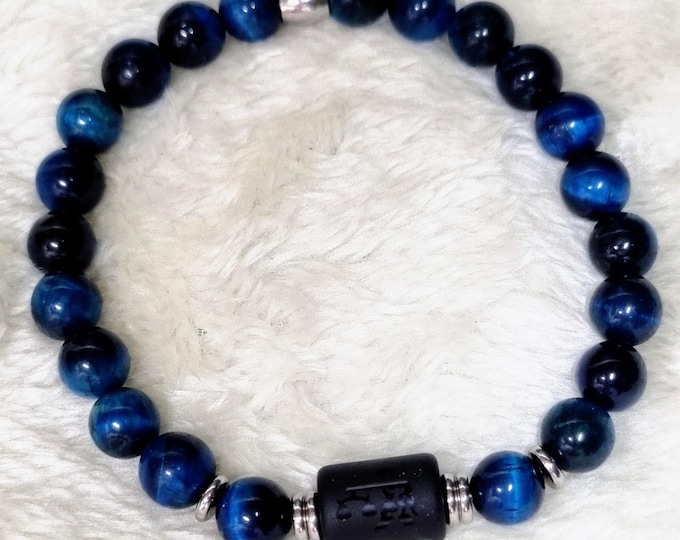 Men's Tiger's Eye Bracelet, Blue, 8 mm • Stainless Steel • Zodiac Sign Stone, Black • Personalized Size 20–24 cm • Handmade Men's Gift