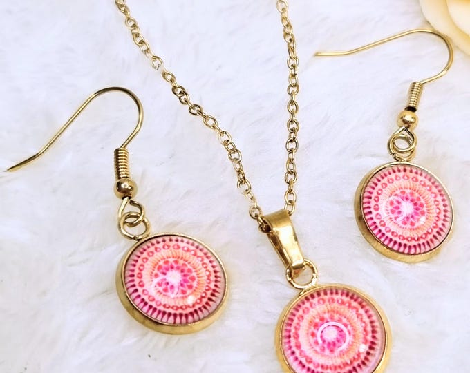 Mandala jewelry set made of stainless steel – handcrafted earrings & necklace with glass cabochon