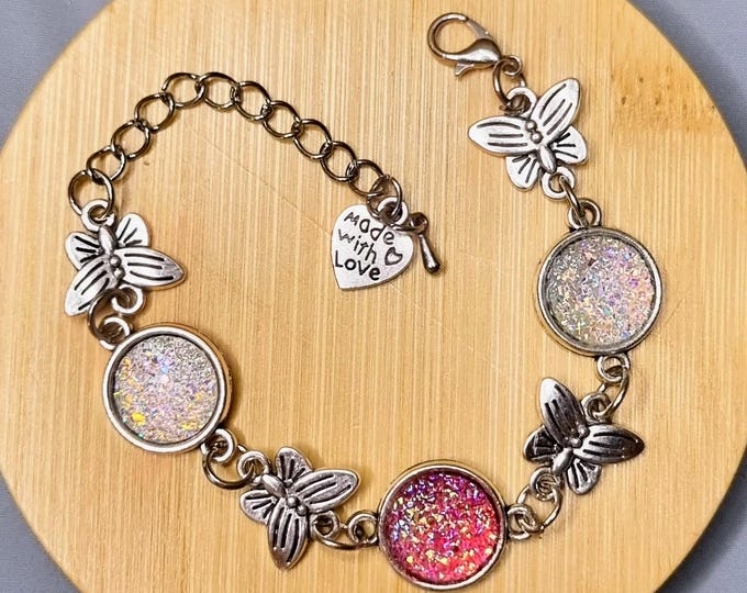 Stainless steel bracelet with butterflies · 12 mm cabochons · Sparkling glitter bracelet · 17 cm + 5 cm extension