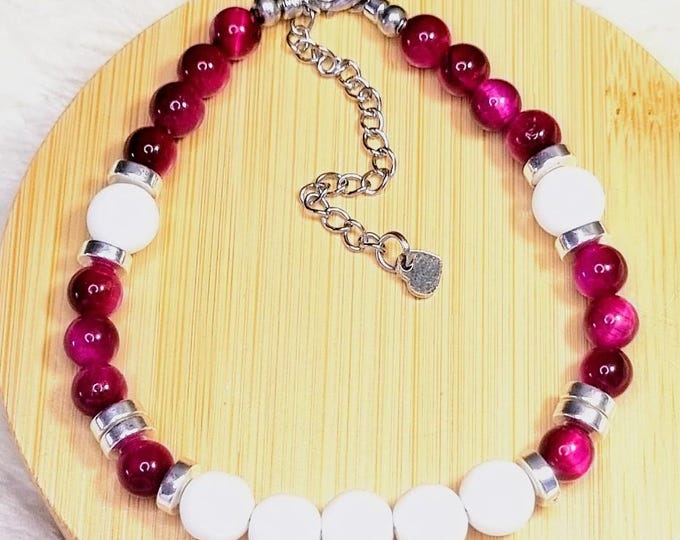 Tiger's Eye Bracelet in Pink & Natural White Stone • Stainless Steel Clasp • Silver-Plated Hematite Beads • Various Sizes • Handmade