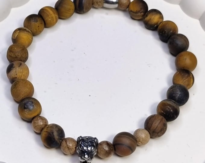 Herrenarmband Tigerauge matt mit Tigerkopf aus Edelstahl