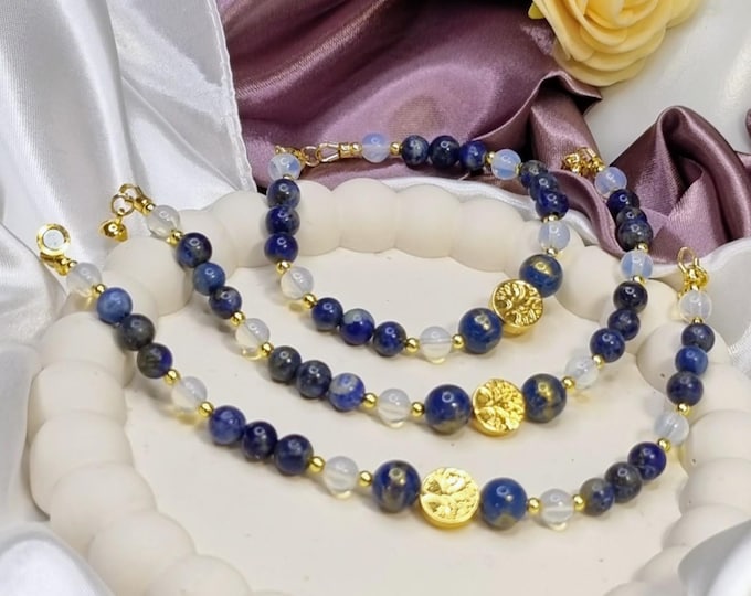 Labradorit Opalit Armband mit Lebensbaum | Vergoldeter Edelstahl | Magnetverschluss