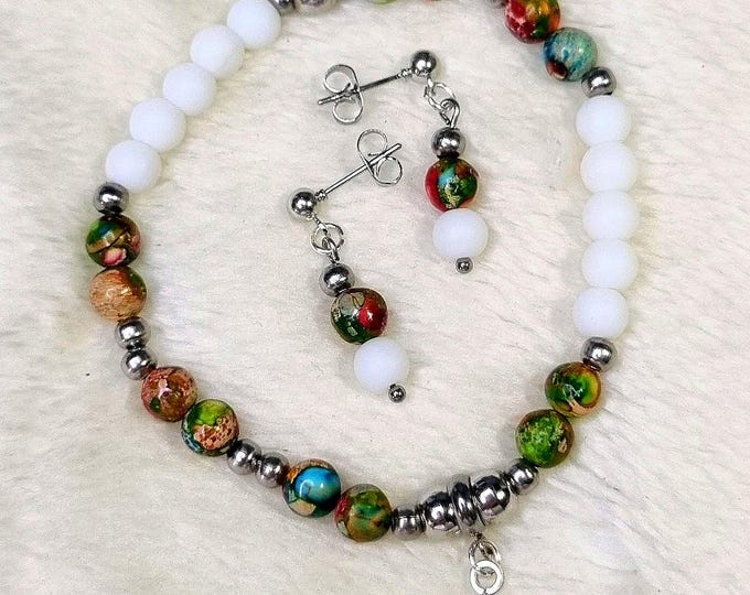 Colorful jewelry set with white matte stone beads & stainless steel | Bracelet and earrings | Star pendant | Handmade