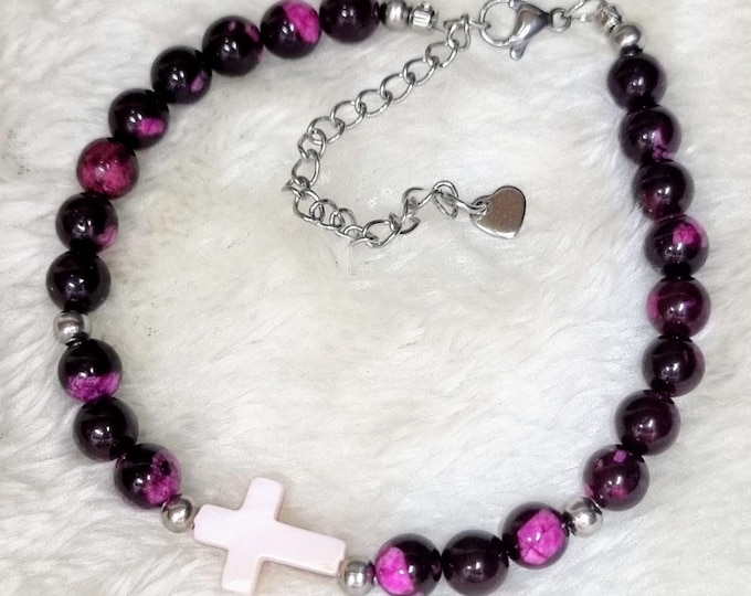 Tiger's Eye Bracelet Purple 6 mm • Stainless Steel • Shell Cross White • Adjustable 17–25 cm • Handmade Gift for Her