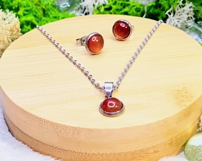 Stainless steel jewelry set with natural stone or glass cabochons • 50 cm necklace • Stud earrings • 8 mm cabochons • Handmade • Various designs