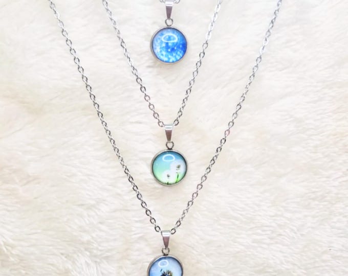 Stainless steel 304 jewelry set with dandelion motif | Earrings & necklace | 12 mm glass cabochon | 50 cm chain | Gift idea for women