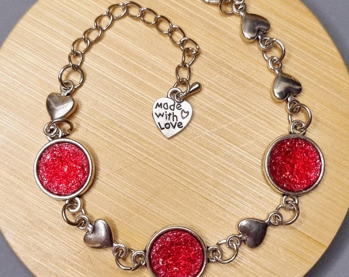 Stainless steel bracelet with 12 mm cabochons · Heart design · Sparkling women's bracelet · 17 cm + 5 cm extension