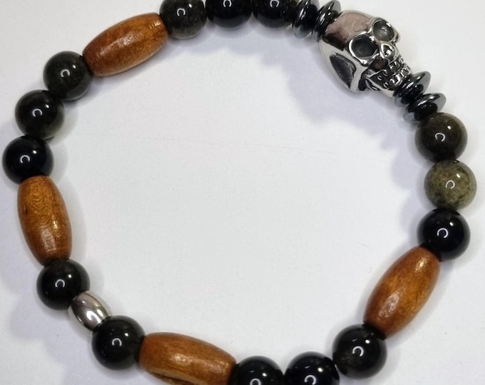 Men's Obsidian Bracelet 8 mm with Stainless Steel Skull & Wood | Hematite | Elastic Men's Bracelet