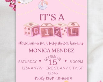 Pink Baby Shower Invitation: It's a Girl! Editable Template (Digital Download