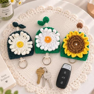 Crochet daisy sunflower Key fob cover holder case  cactus handmade mother's day birthday gift
