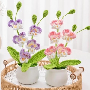 May include: Two potted crochet orchid plants featuring vibrant purple and pink petals with white and yellow centres. Each plant has green crocheted leaves and stems with small buds, housed in simple white ceramic pots on a round wicker tray.