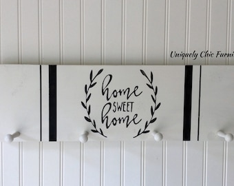 Home Sweet Home Sign~ Coat Rack~ Towel Rack, Gallery Wall, Farmhouse style, grainsack stripes, holder. organizer, Color choice avaialable~