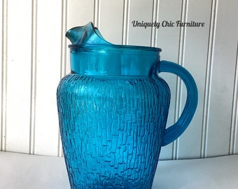 Blue Glass Pitcher, Vintage, Anchor Hocking, Turquoise, Beach House, Pagoda Laser Blue Glass Bamboo Pattern, Flower Vase
