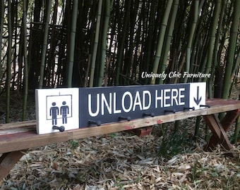 Ski UNLOAD HERE SIGN~ Cabin,Gift for Skier~goggles, helmet, ski pole holder- ski gear, Coat Rack~Towel Rack, ski house, laundry room, jacket