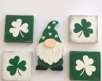 St. Patricks Day Set, Decor, Gnome, Tiered tray, shamrocks, wood, painted, decorations, clovers