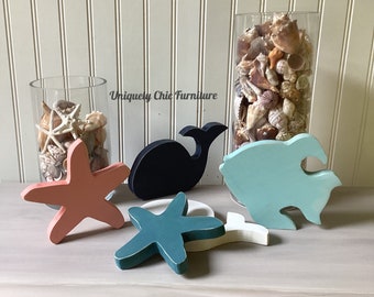 Set of 3, Beach Decor, whale, fish, starfish, umbrella, shelf, colorful , mantle, tiered tray, Coastal Home, Beach House, chunky, Wood