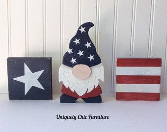 Gnome, Set, Patriotic, 4th Of July, Wood, Tiered Tray Decor, Shelf Sitters, Mantle Decor, Decorations