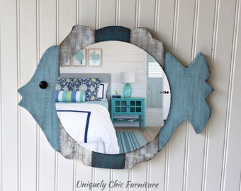 Fish Mirror, Custom Colors, Wall Art, Planked, wood, Mirror, Beach House, Lake House, Nautical Decor, Coastal , Round Mirror, Nursery Decor