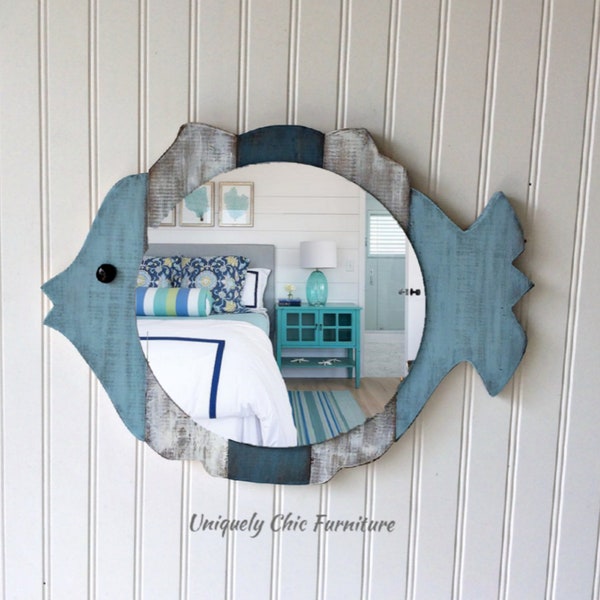 Fish Mirror, Custom Colors, Wall Art, Planked, wood, Mirror, Beach House, Lake House, Nautical Decor, Coastal , Round Mirror, Nursery Decor