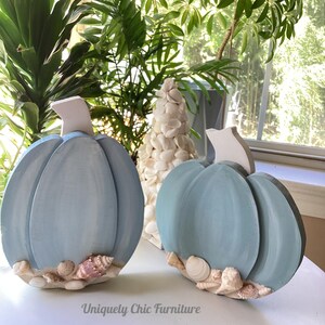 Wood Pumpkins, Painted, Coastal, Sea Shells, Beach Decor, Thanksgiving ...