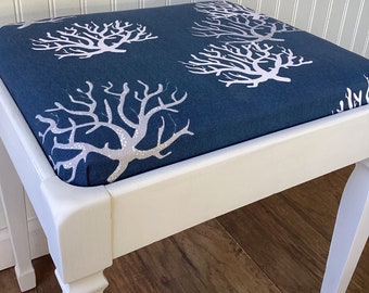 Coastal Bench, Upholstered, Blue, Navy, Coral, White, Seat, Chair, Nautical, Gray, Wood, Vanity, Stool, Desk, Beach House, Furniture