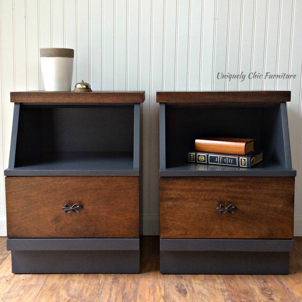 Mid Century Modern Pair Charcoal Gray and Walnut Stained Nightstands RETRO Rustic Industrial Bedside Tables Set Two-Shipping isn't Included