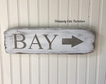 Bay Sign, Weathered Wood ~Wall Decor~Coastal Home, Bay - arrow left, arrow right, Beach House Decor, Nautical