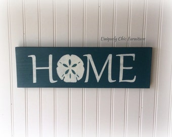 Beach Sign, HOME, Sand Dollar, Painted, CUSTOM COLORS~Beach House Decor~Coastal Home-Nautical, Wood sign