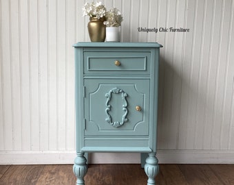 Pretty Duck Egg Blue/ Aqua Vintage Nightstand, blue nightstand, vintage, girls room, painted, aqua, duck egg blue, furniture, bedroom