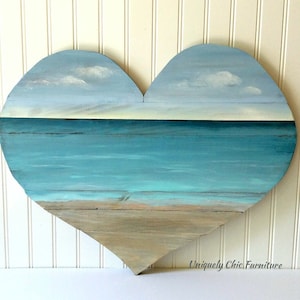 Coastal Wall Heart Large Wood Planked Ocean Seascape Beach Scene House Decor Art Acrlylic Painting image 1